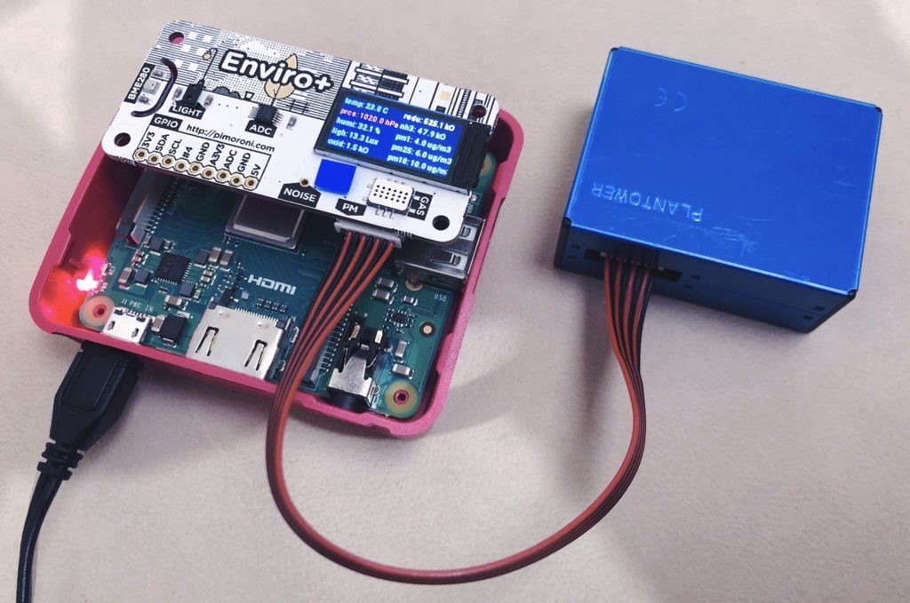 Pimoroni Enviro+ air quality sensors connected to a Raspberry Pi A+