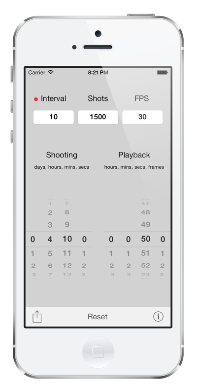 Screenshot of the Timelapse Calculator app in use on an iPhone